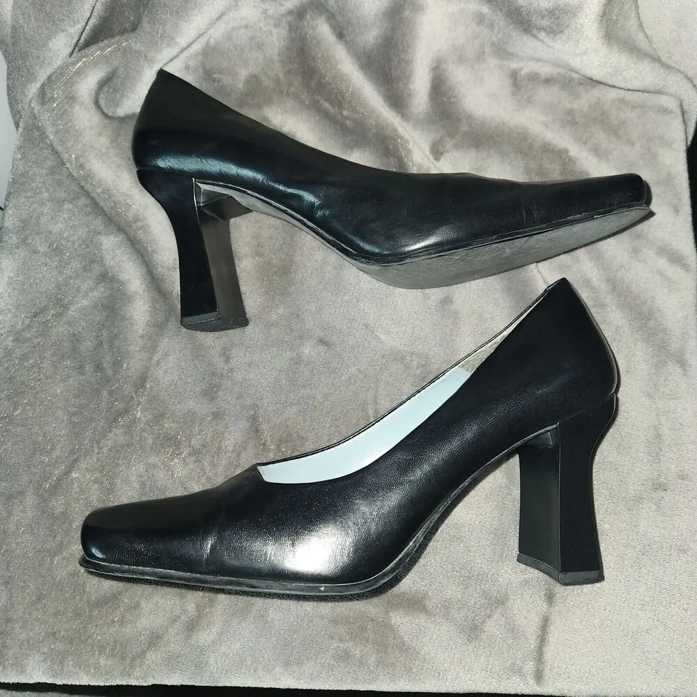 Y2K Nine West No-Aragon2 Leather Black Womens 10M Chunky Block Heel Square Toe - Picture 7 of 9